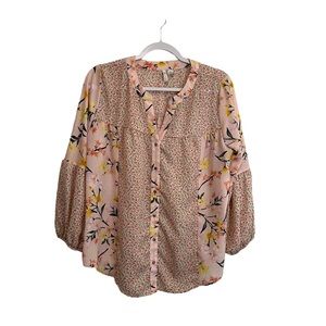 Cato Pink Floral Patchwork Button Up Long Sleeve Semi Sheer Top Blouse Womens M